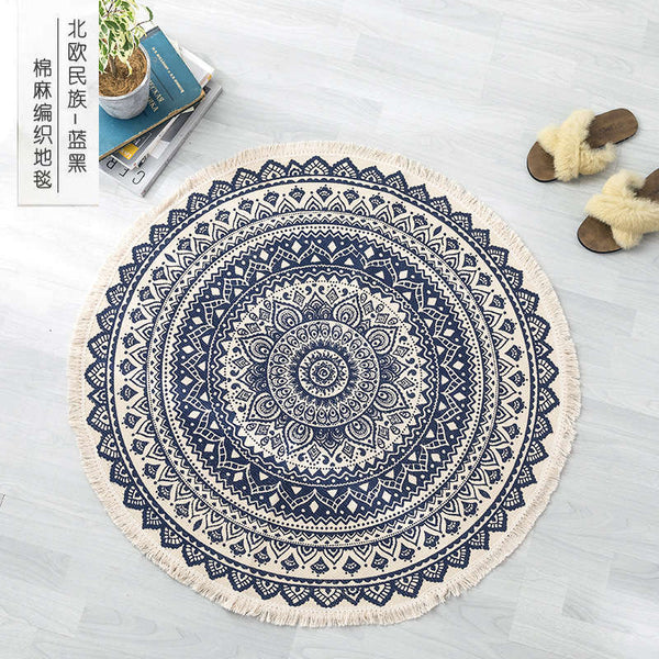 92 X 92Cm Retro Bohemian Carpet Hand Woven Cotton Linen Rug Bedside Geometric Floor Mat Living Room Bedroom Decor Rugs