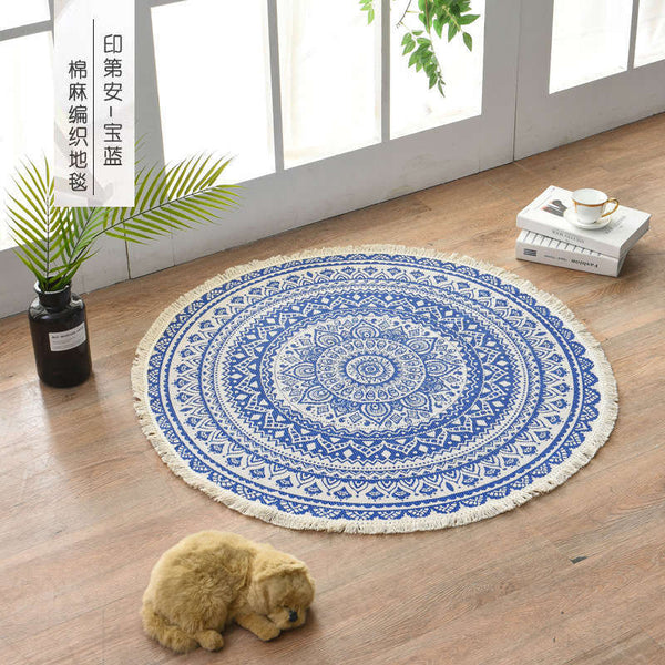 90Cm Bohemian Retro Style Round Cotton Carpet Hand Woven Geometric Mat Blue Rugs
