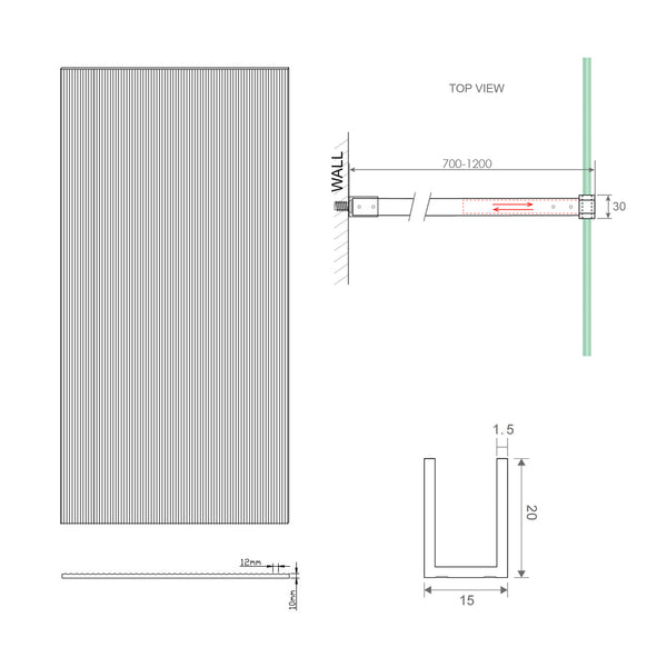 100Cm Reeded Glass Shower Screen With Nickel Wall Channel & Square Pole Shower Enclosures