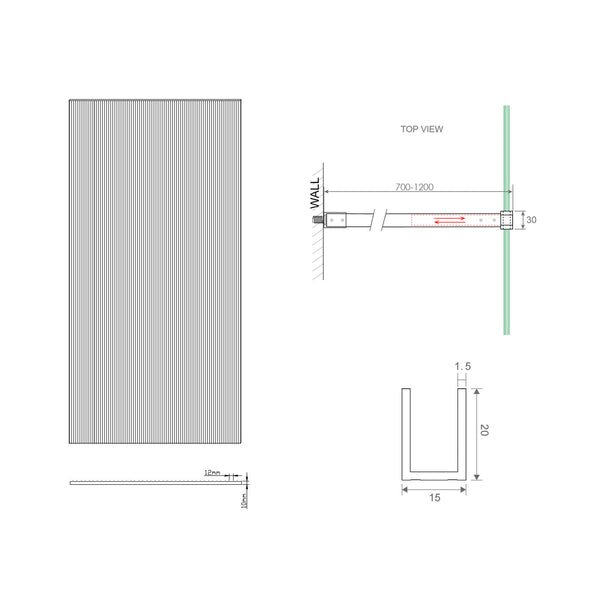 110Cm Reeded Glass Shower Screen With Chrome Wall Channel & Square Pole Shower Enclosures