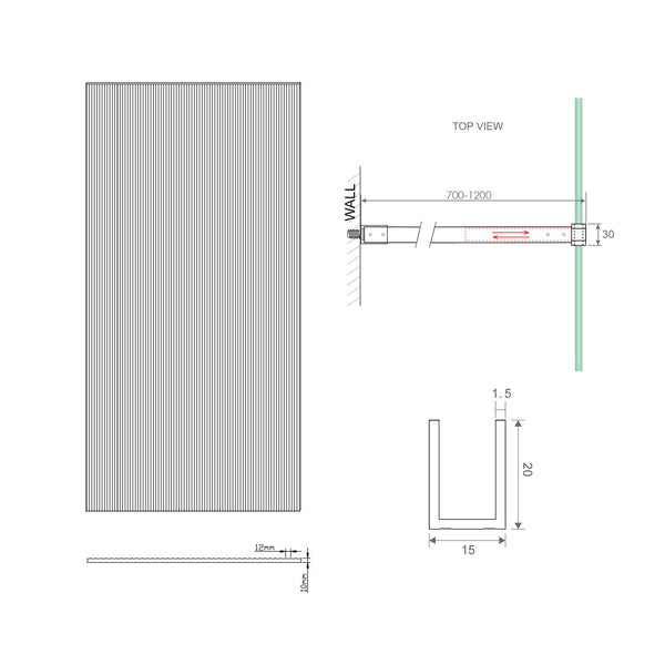 110Cm Reeded Glass Shower Screen With Black Wall Channel & Square Pole Shower Enclosures