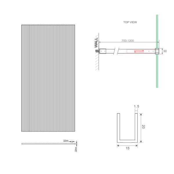 110Cm Reeded Glass Shower Screen With Black Wall Channel & Round Pole Shower Enclosures