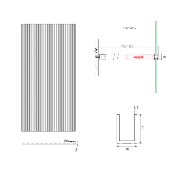 110Cm Reeded Glass Shower Screen With Gold Wall Channel & Square Pole Shower Enclosures