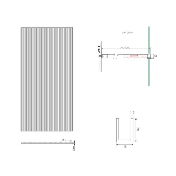 110Cm Reeded Glass Shower Screen With Gold Wall Channel & Round Pole Shower Enclosures