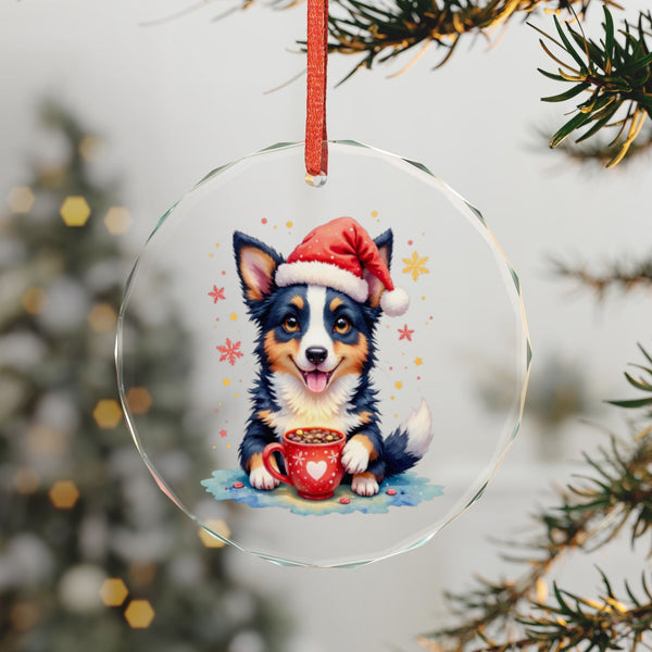 Border Collie Puppy In Santa Hat Crystal Glass Ornament | Christmas Hot Cocoa Dog Lovers Gift Seasonal Decorations