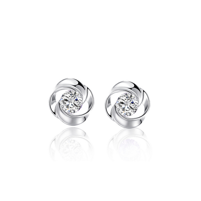 925 Sterling Silver Rose Flower Shaped Stud Earrings With White Cubic Zircon
