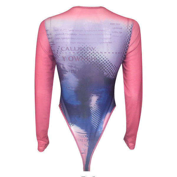 Women's Fitted Personality Printed Round Neck Long Sleeve Top Tops