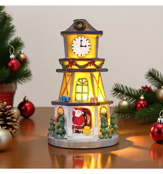 Creative Led Resin Mini House Decoration Illuminated Clock Tower For Christmas Holiday Gift Seasonal Decorations