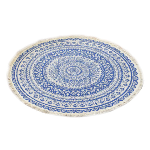 90Cm Bohemian Retro Style Round Cotton Rugs Carpet Hand Woven Geometric Mat Blue