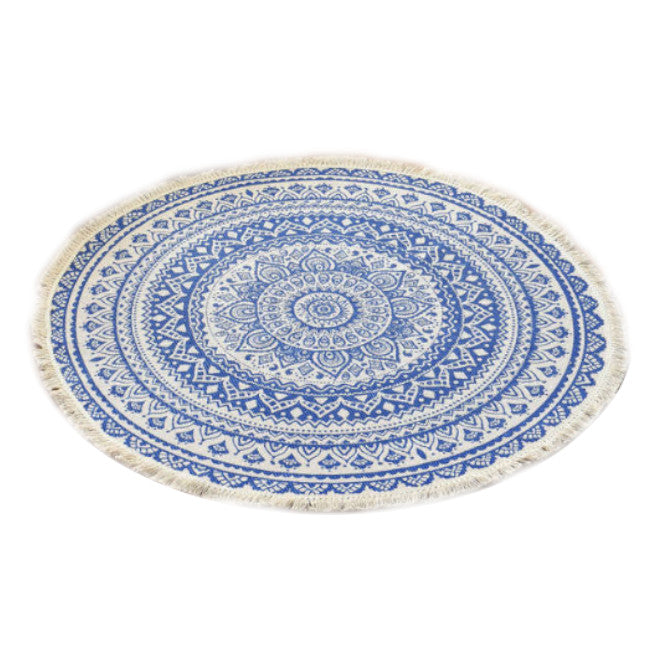 90Cm Bohemian Retro Style Round Cotton Carpet Hand Woven Geometric Mat Blue Rugs