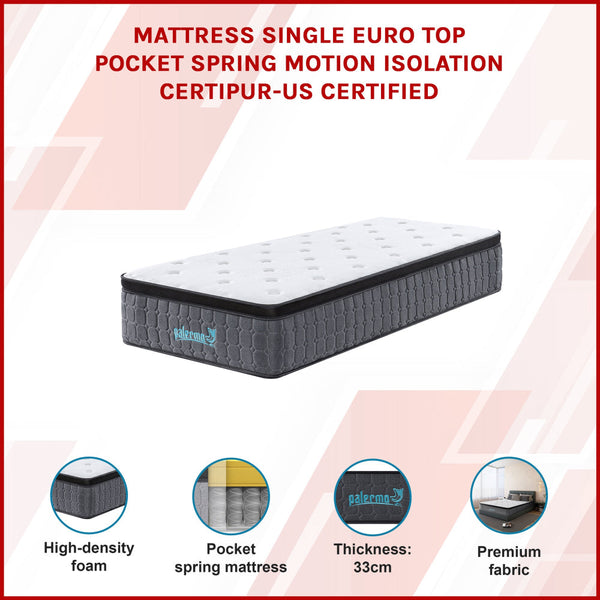 33Cm Mattress Single Euro Top Pocket Spring Motion Isolation Certipur Mattresses