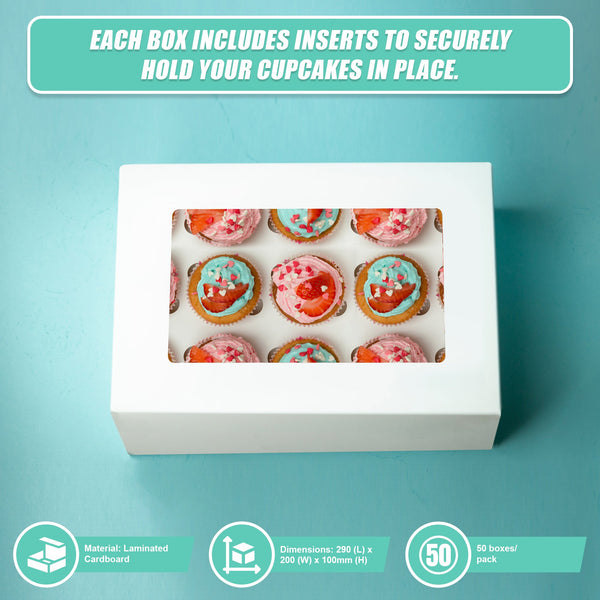 50Pcs Cupcake Boxes 12 Hole Laminated Clear Window Face Favour Baking Cups & Cases