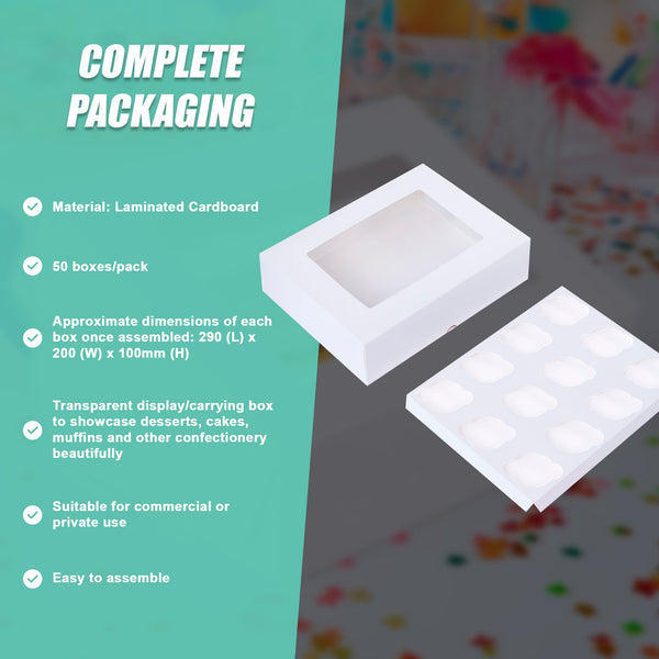 50Pcs Cupcake Boxes 12 Hole Laminated Clear Window Face Favour Baking Cups & Cases