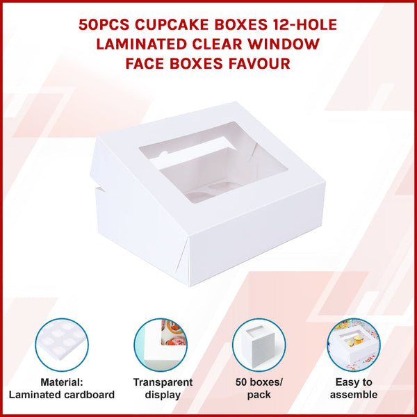 50Pcs Cupcake Boxes 12 Hole Laminated Clear Window Face Favour Baking Cups & Cases