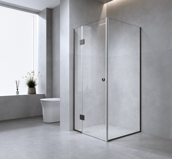 110X100cm Corner Frameless Shower Screen With Black Channel And Brass Hinges Shower Enclosures