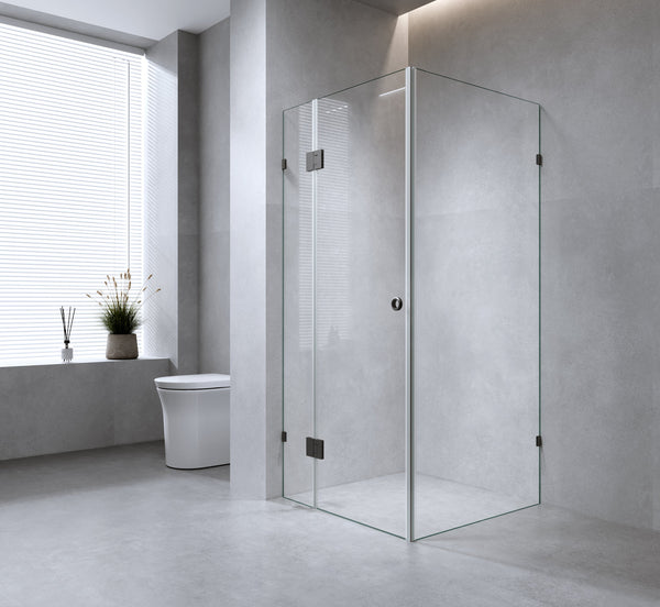 110X100cm Corner Frameless Shower Screen With Gunmetal Brackets And Brass Hinges Shower Enclosures
