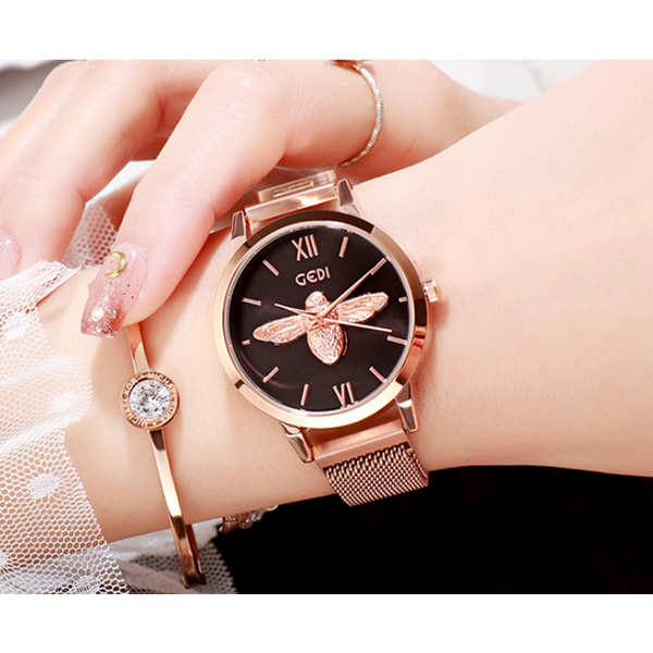 Veile Studios Shiny Light Luxury Decorative Watch Small Bee Mesh Belt Waterproof Female Simple Round Watches