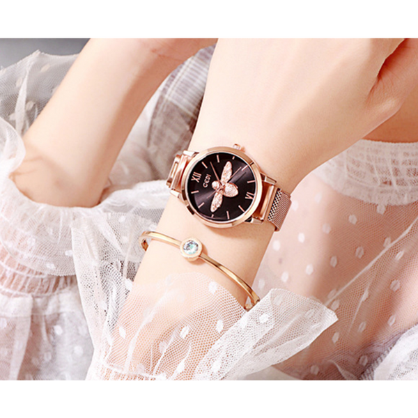 Veile Studios Shiny Light Luxury Decorative Watch Small Bee Mesh Belt Waterproof Female Simple Round Watches