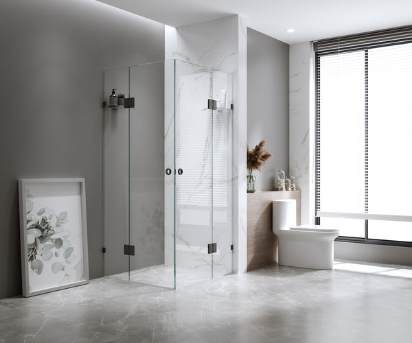 90X110cm Double Door Corner Shower With Black Brackets And Brass Hinges Shower Doors