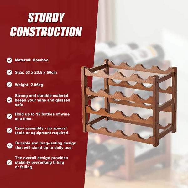 Bamboo Wine Rack Free Standing 15 Bottles With 6 Glasses Holder Storage In Brown Racks