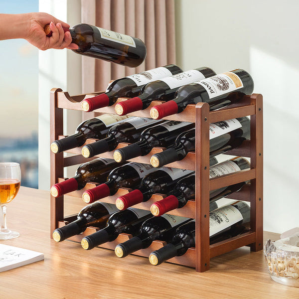 Bamboo Wine Rack Free Standing 15 Bottles With 6 Glasses Holder Storage In Brown Racks