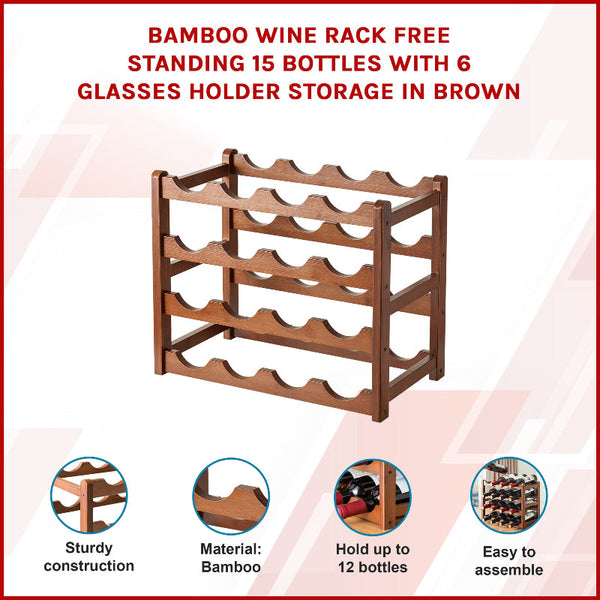 Bamboo Wine Rack Free Standing 15 Bottles With 6 Glasses Holder Storage In Brown Racks