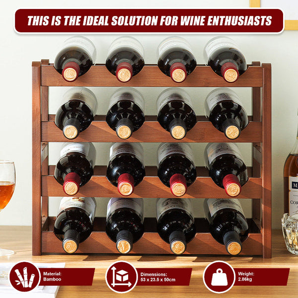 Bamboo Wine Rack Free Standing 15 Bottles With 6 Glasses Holder Storage In Brown Racks
