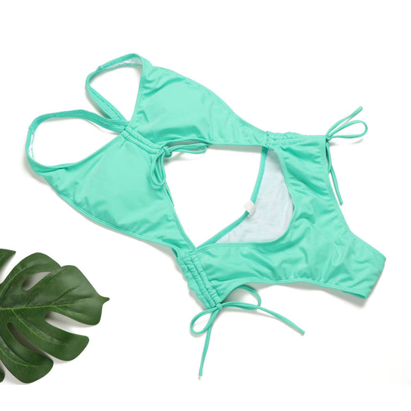 One Piece Swimsuit Backless Solid Color Gathering Bikini Swimwear