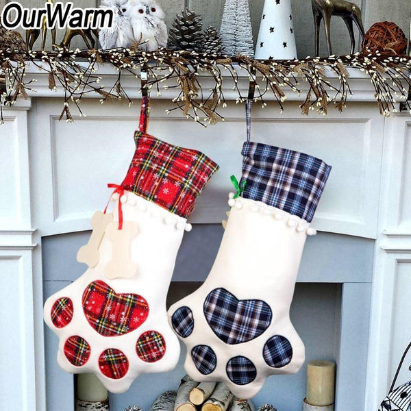 Red Or Blue Plaid Paw Shaped Pet Christmas Stocking For Dogs Cats Seasonal Decorations