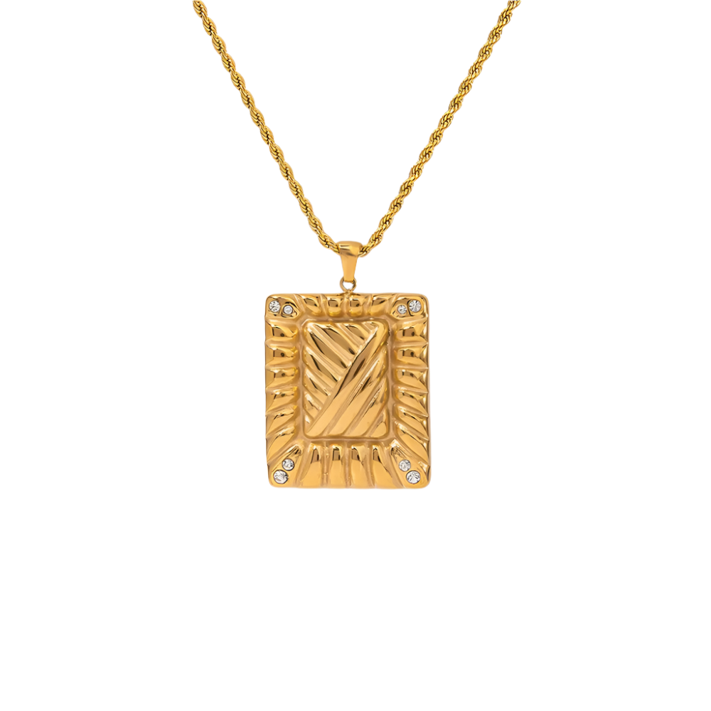 Veile Studios Stainless Steel Inlaid Rhinestone Rectangle Shape Pendant Necklace Necklaces & Pendants