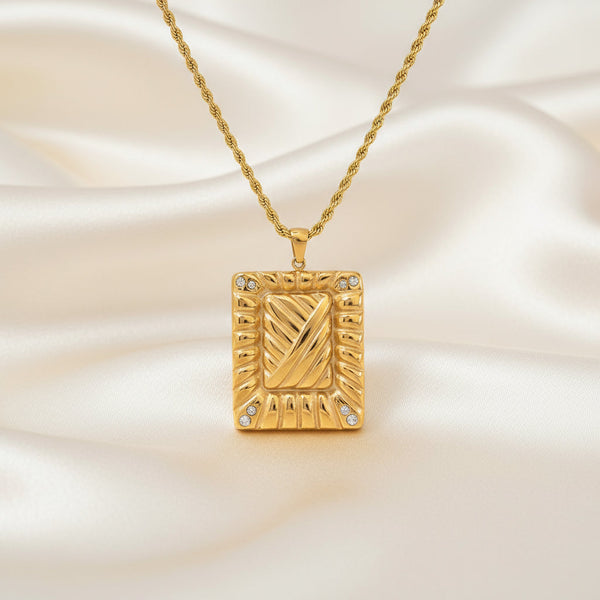 Stainless Steel Inlaid Rhinestone Rectangle Shape Pendant Necklace Necklaces & Pendants