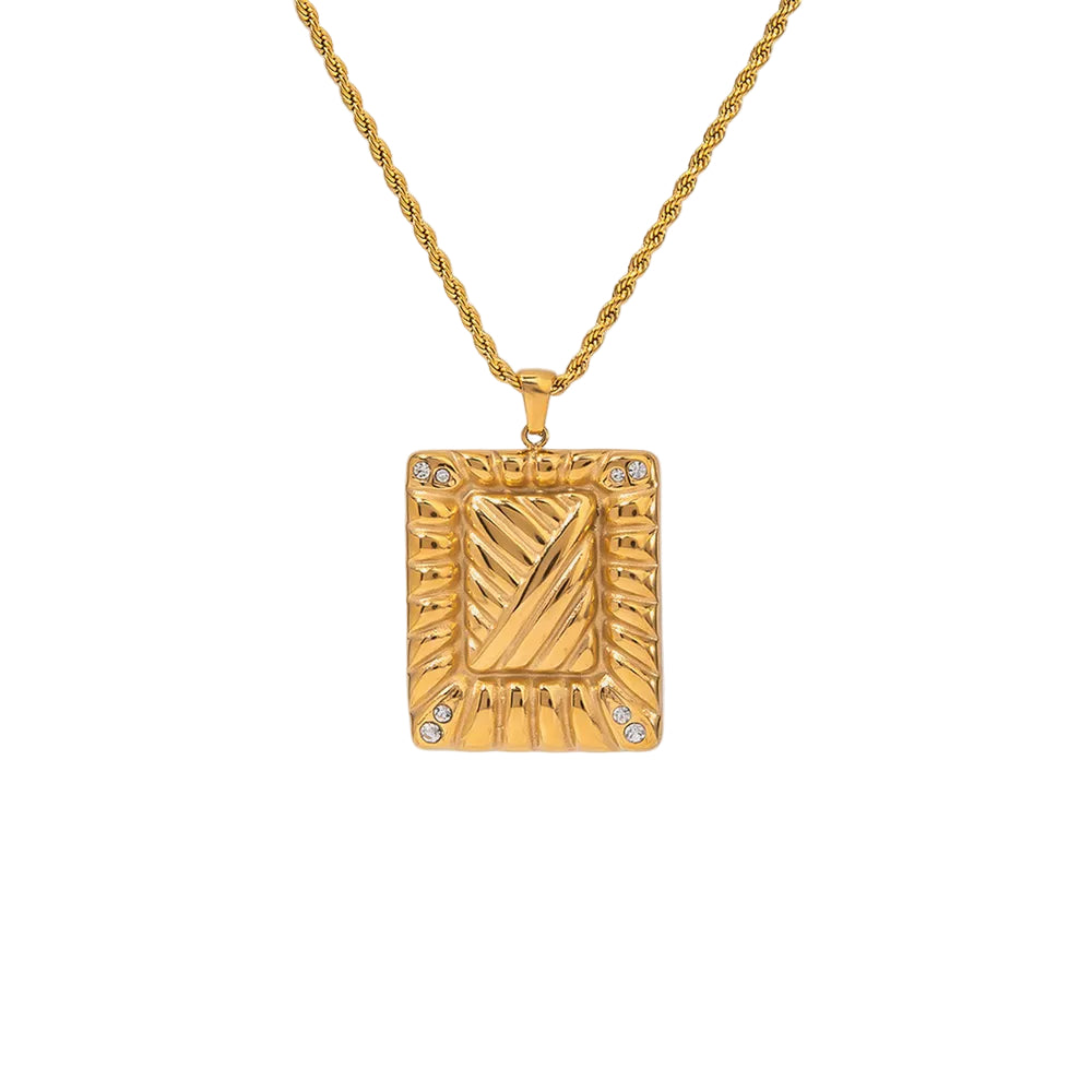 Stainless Steel Inlaid Rhinestone Rectangle Shape Pendant Necklace Necklaces & Pendants