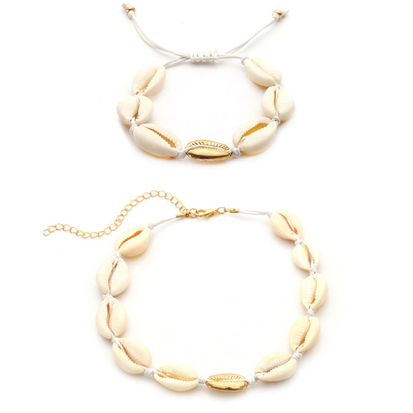 Necklace Bracelet Set Bohemian Style Hand Woven Short Collarbone Shell Bracelets