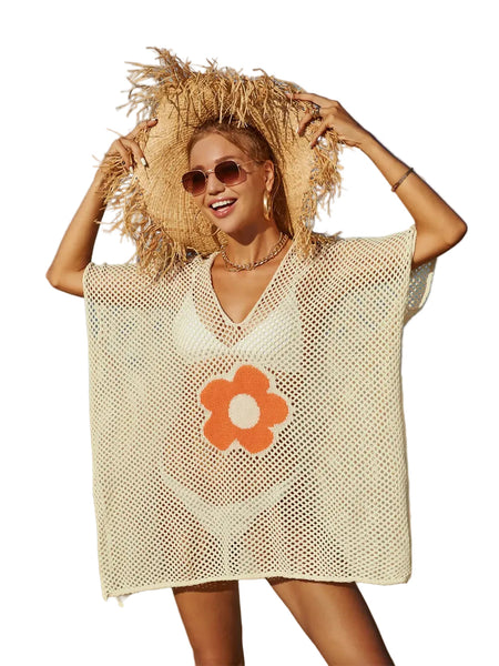 Openwork Flower V Neck Short Sleeve Cover Up Swimwear