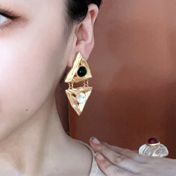 Veile Studios Middle Aged Crystal Hollow Diamond Triangle Embossed Geometric Design Earrings