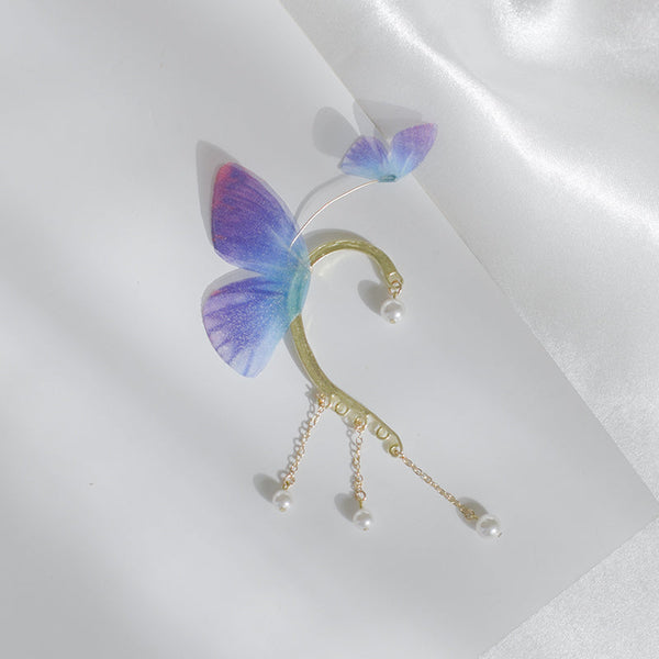 Women's Crystal Pearl Flowing Butterfly Earrings Clip Cuff No Piercing