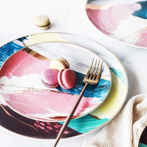 Watercolour Colourful Ceramic Handmade Dinner Plates Cup Saucer Dinner Sets