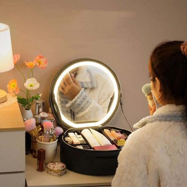 Round Smart Led Makeup Bag With Mirror Lights Large Capacity Pu Leather Cosmetic Case Makeup Bags & Cases
