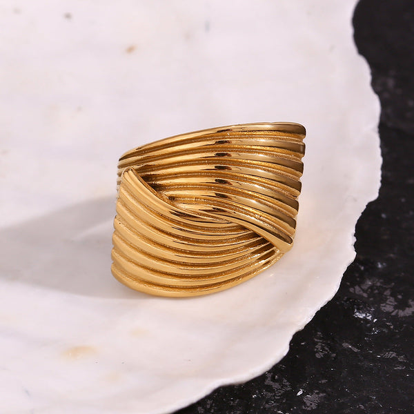 Veile Studios Retro Hand Decorated Geometric Fan Shaped Stripe Cross Ring For Women Rings