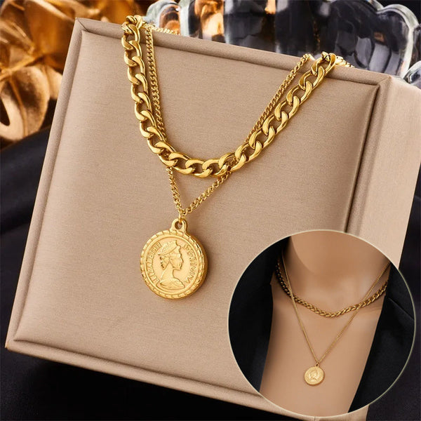 Veile Studios Geometric Portrait Coin Pendant Necklace For Women Multilayer Choker Chain Jewelry Necklaces & Pendants
