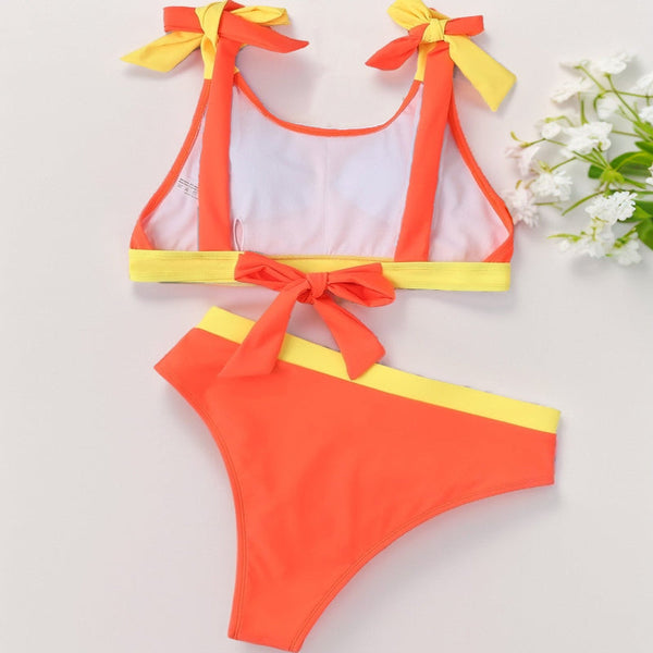 Euro American Style Color Block Belted High Waist Backless  Bikini Swimsuit For Women Swimwear