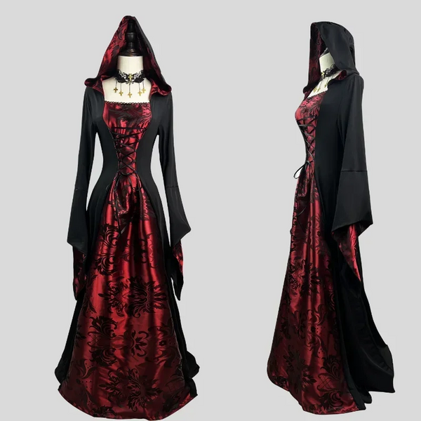 Halloween Party Vampire Costumes Women Plus Size Gothic Witch Cosplay Long Dress With Cloak Dark Nun Role Play Skeleton Uniform Anime Costumes Women
