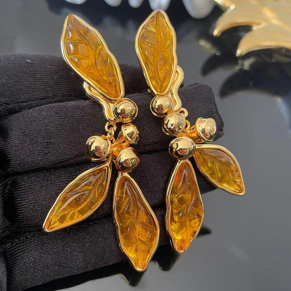 Veile Studios Retro Style Leaf Tassel Ear Clip Without Hole For Elegant Look Earrings