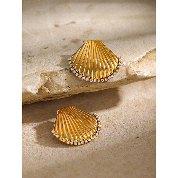 Veile Studios Scalloped Shell With Rhinestones And Titanium Steel For Women Ladies Jewelry Earrings