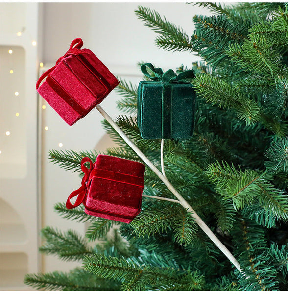 Christmas Decoration With Red And Green Faux Fur Curly Flowers Branches Ornament For Tree Gift Box Seasonal Decorations