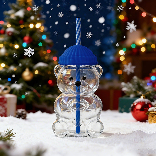 Cartoon Teddy Bear Shaped Glass Cup Christmas Straw Large Capacity Cups Mugs & Glasses