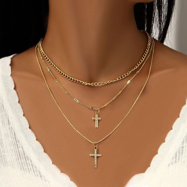 Veile Studios Full Diamond Cross Pendant Chain Necklace With Multiple Layered Accessories Necklaces & Pendants
