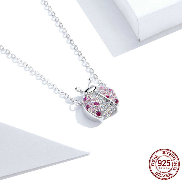 S925 Sterling Silver Necklace For Women White Gold Plated Pink Ladybug Pendant Necklaces & Pendants