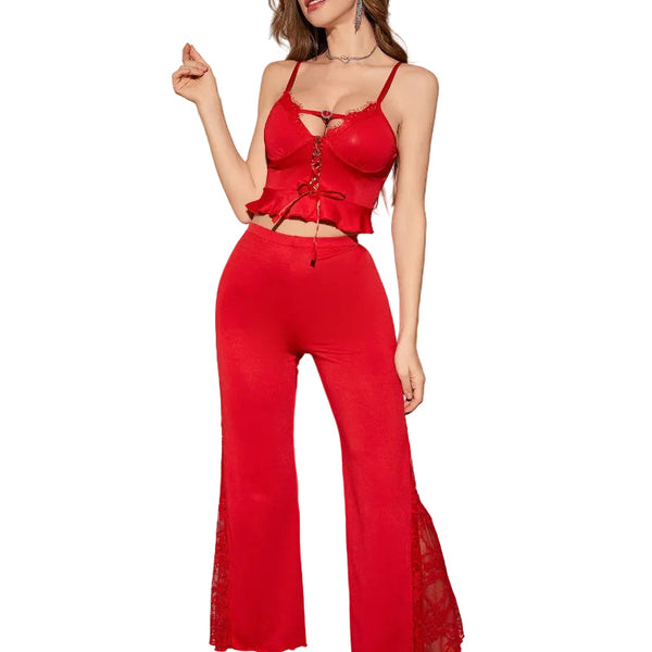 Lace Suspender Long Pants Set With Ruffle Trim And Adjustable Straps For Women Women's Pants