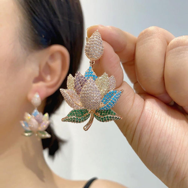 Veile Studios Lotus Plant Flower Inlaid Diamond Shaped Copper Earrings